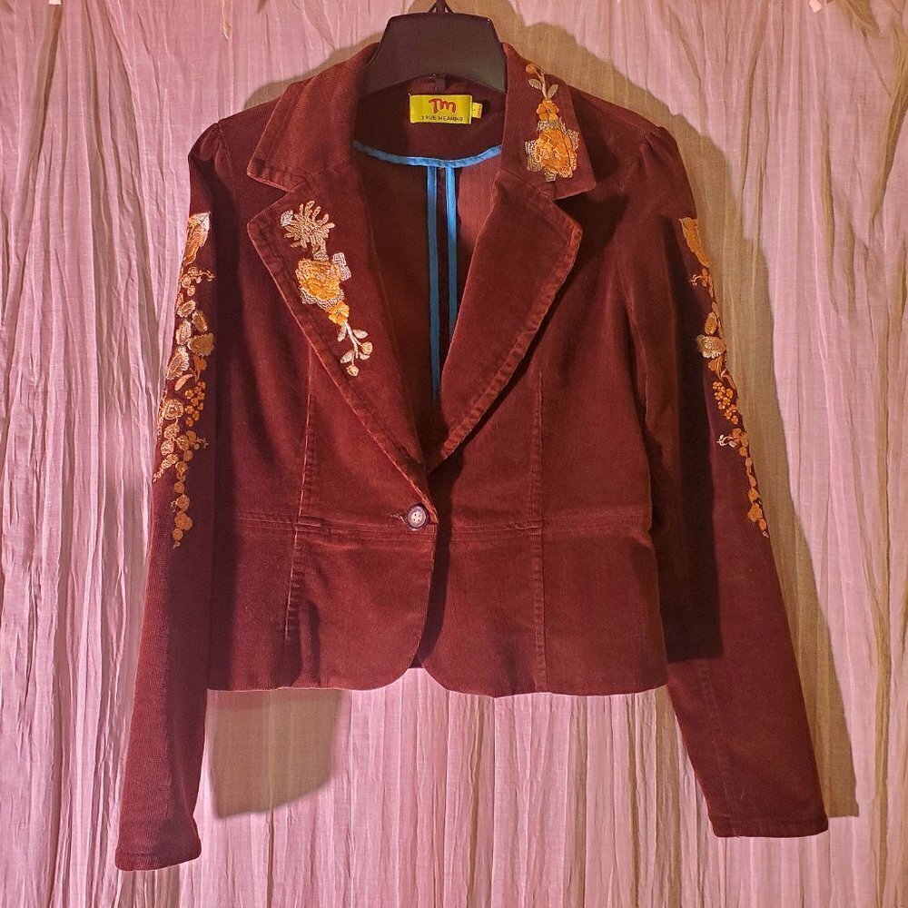 Jacket Lightweight Brown Corduroy with Floral Embroidery Women's Size Large EUC - Picture 2 of 9